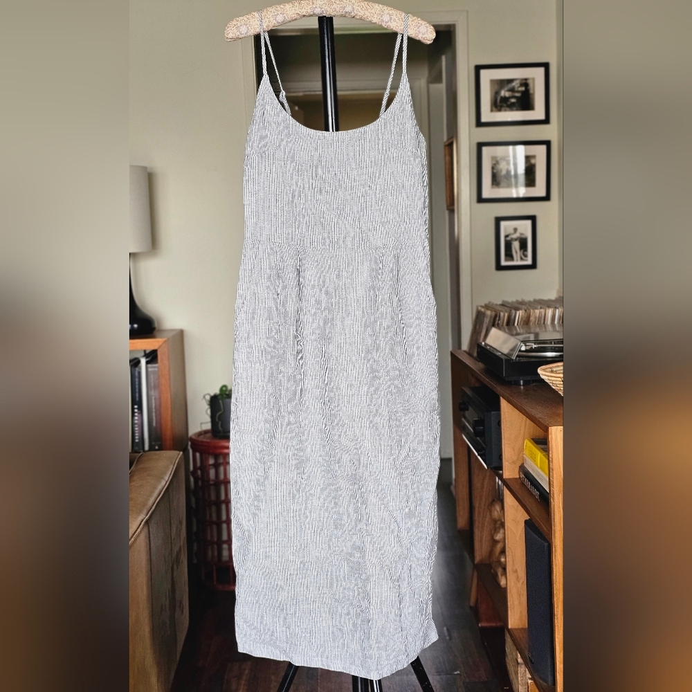 Quince White Striped Midi Slip Dress
